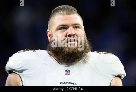 Baltimore Ravens guard Ben Cleveland looks on during pre-game warm-ups ...