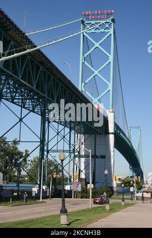 The Ambassador Bridge spans the Detroit River between Detroit, Michigan, USA and Windsor, Ontario, Canada. The Windsor-Detroit is the busiest border crossing, with more than 7,000 trucks crossing daily on average. (Photo by Creative Touch Imaging Ltd./NurPhoto) Stock Photo