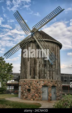 Old Sandwich Windmill in Windsor, Ontario, Canada. The windmill is a replica of the working Grist Mill that once occupied this site. Sandwich Towne was first settled in 1749 as a French agricultural settlement, making it the oldest continually inhabited settlement in Canada west of Montreal. Many buildings and houses date to the mid-19th century. This neighbourhood was also the site of one of the major battles during the War of 1812, and the Windsor Rebellion of 1837, and as a battlefront of the Patriot War later in 1837. (Photo by Creative Touch Imaging Ltd./NurPhoto) Stock Photo