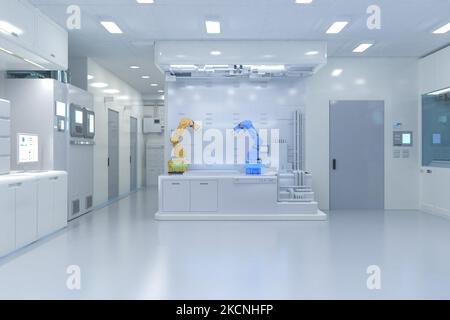 Automation laboratory concept with 3d rendering robotic arms in white ...