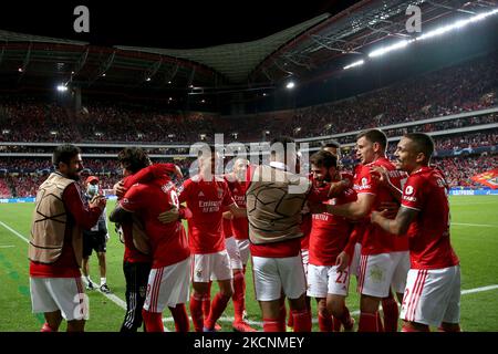 Rafa Silva of SL Benfica celebrates with teammates after scoring during the UEFA Champions League group E football match between SL Benfica and Barcelona FC at the Luz stadium in Lisbon, Portugal on September 29, 2021. (Photo by Pedro FiÃºza/NurPhoto) Stock Photo