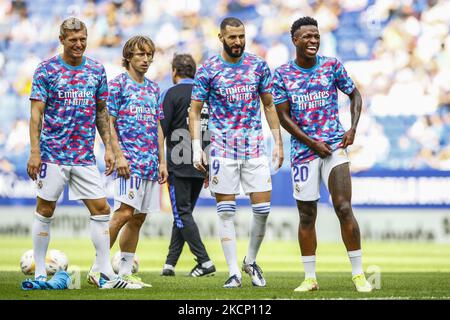 08 Toni Kroos of Real Madrid 10 Luka Modric of Real Madrid 09 Karim Benzema of Real Madrid 20 Vinicius Jr of Real Madrid training during the La Liga Santader match between RCD Espanyol and Real Madrid at RCD Stadium on October 03, 2021 in Barcelona. (Photo by Xavier Bonilla/NurPhoto) Stock Photo