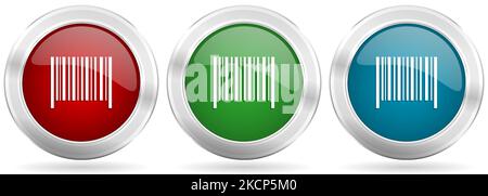Barcode vector icon set. Red, blue and green silver metallic web buttons with chrome border Stock Vector