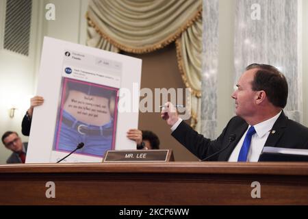 US Senator Mike Lee(R-UT) speaks during a hearing about Facebook File: Protecting Kids Online, today on October 05, 2021 at Russell Senate/Capitol Hill in Washington DC, USA. (Photo by Lenin Nolly/NurPhoto) Stock Photo