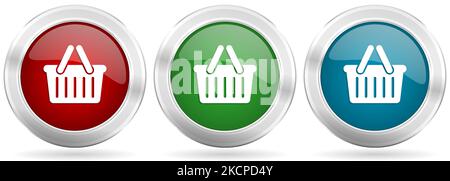 Shopping basket vector icon set. Red, blue and green silver metallic web buttons with chrome border Stock Vector