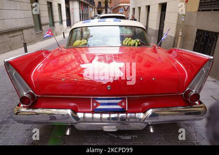 A vintage car of the Plymouths brand is seen displayed during the presentation La Pequena Cuba en Madrid, a recreation of the street of Cuba, within the Hispanidad 2021 Festival in Madrid (Photo by Oscar Gonzalez/NurPhoto) Stock Photo