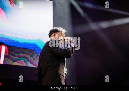 Omar Montes performs at the 2021 Hispanidad Concert held on October 12, 2021, at the Wizink Center, Madrid, Spain, organized by the Instituo del Espanol de la Comunidad de Madrid. (Photo by Jon Imanol Reino/NurPhoto) Stock Photo