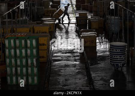 Fish market at the Muara Angke market, in Jakarta, Indonesia, on October 14, 2021. Since the Covid-19 pandemic, fish sales in Muara Angke have decreased drastically. (Photo by Donal Husni/NurPhoto) Stock Photo