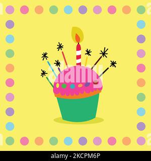 Colorful pancake with candle and sparklers on yellow background. Stock Vector