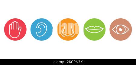 Outline icon set of five human senses: vision eye smell nose hearing ear touch hand taste mouth with tongue . Stock Vector
