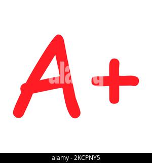 Grade result A plus. Hand drawn icon in red color. Test exam mark report vector illustration . Stock Vector