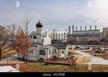 Moscow, Russia - April 1, 2022: View of Zaryadye Park in Moscow, Russia. Church of the Conception of Anna Stock Photo