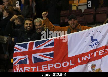 Hartlepool United fans seen during the Sky Bet League 2 match between Bradford City and Hartlepool United at the Coral Windows Stadium, Bradford on Tuesday 19th October 2021. (Photo by Will Matthews/MI News/NurPhoto) Stock Photo