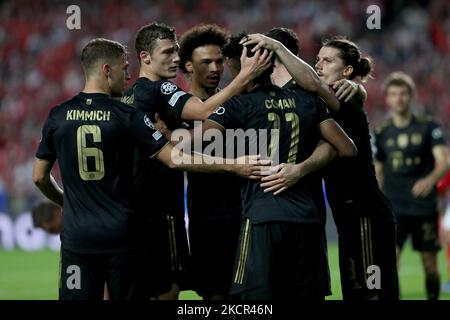 Bayern Muenchen's players celebrate during the UEFA Champions League group E football match between SL Benfica and FC Bayern Muenchen at the Luz stadium in Lisbon, Portugal on October 20, 2021. (Photo by Pedro FiÃºza/NurPhoto) Stock Photo