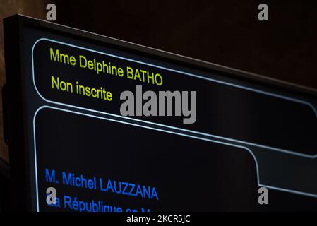 The screen showing the name of MP Delphine Batho during her speech in the occasion of the question session with the government at the National Assembly, in Paris, 19 October, 2021. (Photo by Andrea Savorani Neri/NurPhoto) Stock Photo