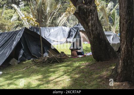 A woman bathes her son in the national park on October 20, 2021 in Bogota, Colombia. Approximately 1,300 people have been camping in the national park for 20 days, waiting for the government to guarantee their return to their lands due to the violence in the country. (Photo by Daniel Garzon Herazo/NurPhoto) Stock Photo