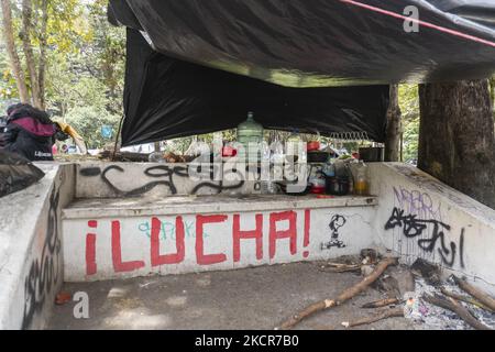 The place where the indigenous community prepares food in the national park on October 20, 2021 in Bogota, Colombia. Approximately 1,300 people have been camping in the national park for 20 days, waiting for the government to guarantee their return to their lands due to the violence in the country. (Photo by Daniel Garzon Herazo/NurPhoto) Stock Photo