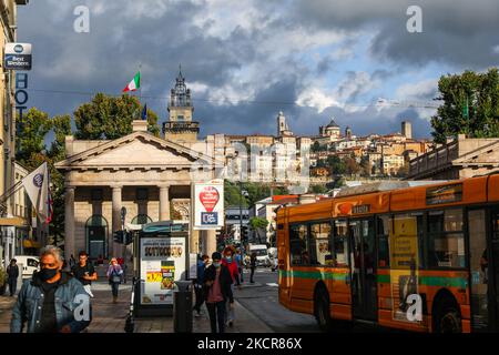 A view of the downtown and the Upper City of Bergamo, Italy on October 5, 2021. (Photo by Beata Zawrzel/NurPhoto) Stock Photo