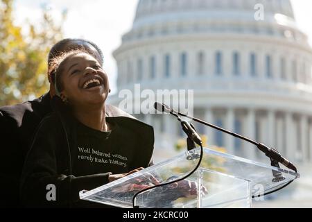 Yolanda Renee King, teenage daughter of Martin Luther King III and Arndrea Waters King, laughs as she speaks during a rally at the end of a relay for voting rights at the US Capitol. Protesters began the relay in West Virginia and walked or biked for the 3 days to the US Capitol. Protesters are demanding that Congress pass legislation protecting the right to vote for all Americans. (Photo by Allison Bailey/NurPhoto) Stock Photo