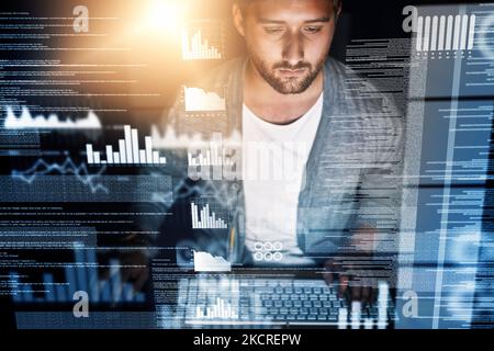 Working out the kinks. a young computer programmer working on source code. Stock Photo