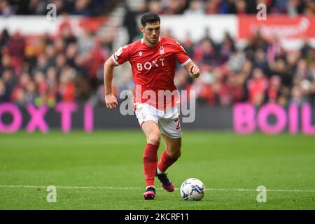 Scott McKenna of Nottingham Forest runs with the ball during the Sky Bet Championship match between Nottingham Forest and Fulham at the City Ground, Nottingham on Sunday 24th October 2021. (Photo by Jon Hobley/MI News/NurPhoto) Stock Photo