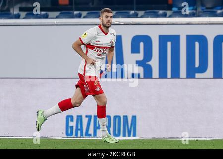 Aleksander Lomovitskiy of Spartak Moscow during the Russian Premier League match between FC Zenit Saint Petersburg and FC Spartak Moscow on October 24, 2021 at Gazprom Arena in Saint Petersburg, Russia. (Photo by Mike Kireev/NurPhoto) Stock Photo