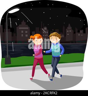 Illustration of Stickman Couple Man Woman Jogging in the Park at Night Stock Photo