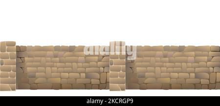 Fence made of rounded stones with supports and a foundation. Horizontal seamless design. Isolated on white background Vector. Stock Vector