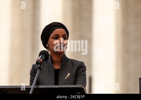 Congresswoman Ilhan Omar (D-MN) speaks at a rally demanding that 4 new justices be added to the Supreme Court to more accurately reflect the will of voters who elected a Democratic House of Representatives, Senate, and President. (Photo by Allison Bailey/NurPhoto) Stock Photo