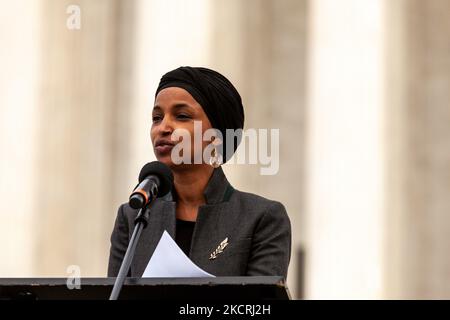 Congresswoman Ilhan Omar (D-MN) speaks at a rally demanding that 4 new justices be added to the Supreme Court to more accurately reflect the will of voters who elected a Democratic House of Representatives, Senate, and President. (Photo by Allison Bailey/NurPhoto) Stock Photo