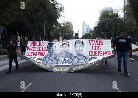 People and relatives of the 43 students from the Rural School of Teachers of Ayotzinapa, who disappeared in 2014, held a protest demanding justice and clarification of this crime that occurred in the city of Iguala, Guerrero, Mexico City, Mexico, on October 26, 2021. (Photo by Cristian Leyva/NurPhoto) Stock Photo
