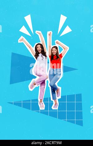 Vertical collage image of two cheerful girls dancing good mood rejoice isolated on painted blue background Stock Photo