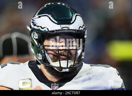 Philadelphia Eagles center Jason Kelce (62) adjusts his gear during  warm-ups prior to the NFL divisional round playoff football game against  the New York Giants, Saturday, Jan. 21, 2023, in Philadelphia. (AP