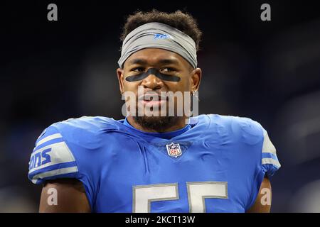 Detroit Lions linebacker Derrick Barnes (55) celebrates after