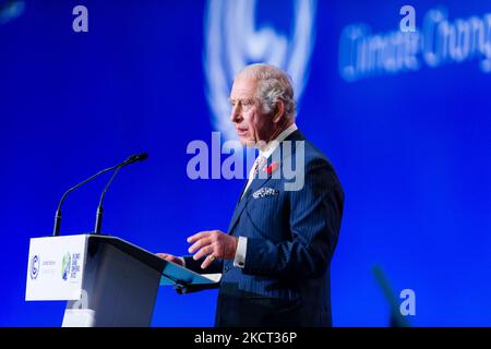 Prince Charles, Prince of Wales, delivers a speech during the opening ceremony of the COP26 UN Climate Change Conference in Glasgow, United Kingdom, 1 November 2021. COP26, running from October 31 to November 12 in Glasgow will be the biggest climate conference since the 2015 Paris summit and is seen as crucial in setting worldwide emission targets to slow global warming, as well as firming up other key commitments. (Photo by Maciek Musialek/NurPhoto) Stock Photo