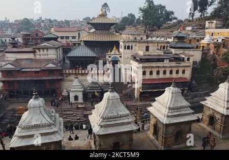 Chaityas stand amongst other buildings in the Hindu temple complex at Pashupatinath in Nepal, on December 05, 2011. Pashupatinath Temple is one of the most significant Hindu temples of Lord Shiva in the world, located on the banks of the Bagmati River in the eastern part of Kathmandu, the capital of Nepal. The temple served as the seat of the national deity, Lord Pashupatinath, Nepal is a secular country. The temple is one of the 275 Paadal Petra Sthalams (Holy Abodes of Shiva on the continent). Hindus alone are allowed to enter the temple premises. (Photo by Creative Touch Imaging Ltd./NurPho Stock Photo