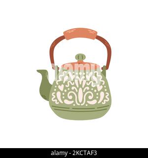 Simple green teapot for tea leaves ornament. Stock design isolated on a white background for websites and apps Stock Vector