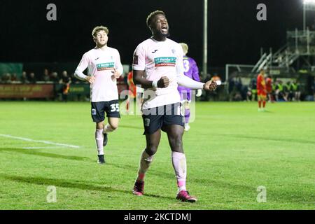 Offrande Zanzala celebrates after scoring for Barrow, to extend their lead to make it 2 - 0 against Banbury United, during the FA Cup match between Banbury United and Barrow at the Banbury Plant Hire Community Stadium, Banbury on Saturday 6th November 2021. (Photo by Jon Cripps/MI News/NurPhoto) Stock Photo