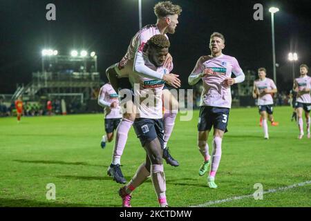 Offrande Zanzala celebrates after scoring for Barrow, to extend their lead to make it 2 - 0 against Banbury United, during the FA Cup match between Banbury United and Barrow at the Banbury Plant Hire Community Stadium, Banbury on Saturday 6th November 2021. (Photo by Jon Cripps/MI News/NurPhoto) Stock Photo