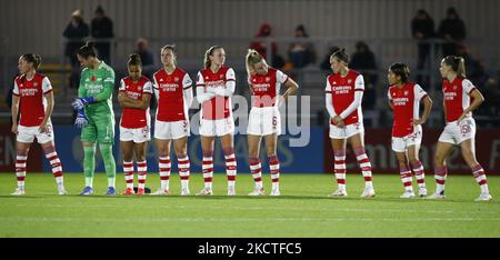 L-R Noelle Maritz of Arsenal, Manuela Zinsberger of Arsenal,Nikka Parris of Arsenal , Lotte Wubben-Moy of Arsenal Frida Maanum of Arsenal Leah Williamson of Arsenal Caitlin Foord of Arsenal Mana Iwabuchi of Arsenal and Katie McCabe of Arsenal during Barclays FA Women's Super League between Arsenal Women and West Ham United Women at Meadow Park, Borehamwood, UK on 07th November 2021 (Photo by Action Foto Sport/NurPhoto) Stock Photo