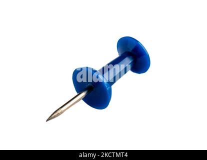 Pushpin with a blue plastic with a metal tip on an isolated on white background. Stationery concept. Stock Photo