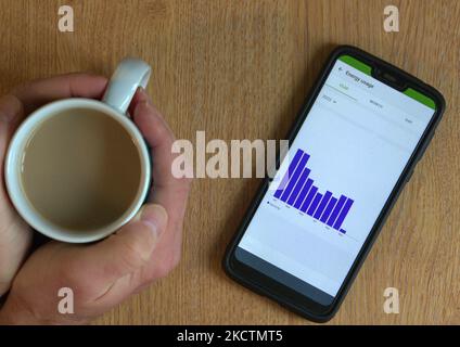 Hands holding hot drink looking at energy usage on phone Stock Photo