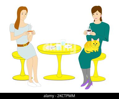 An elegant woman at Cat cafe with white background: tabby cat Stock Photo