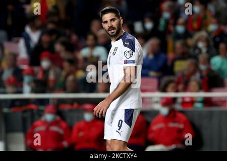 Serbia's forward Aleksandar Mitrovic reacts during the FIFA World Cup Qatar 2022 qualification group A football match between Portugal and Serbia at the Luz stadium in Lisbon, Portugal, on November 14, 2021. (Photo by Pedro FiÃºza/NurPhoto) Stock Photo