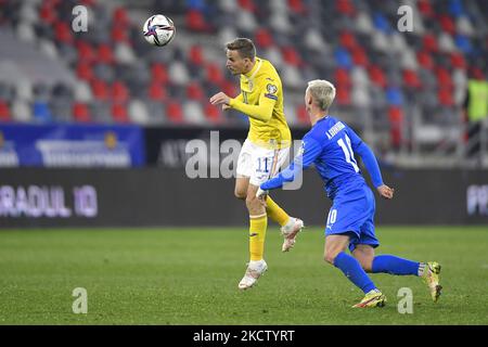 Nicusor Bancu in action during the FIFA World Cup Qatar 2022 qualification Group J football match Romania v Iceland, in Bucharest on November 11, 2021. (Photo by Alex Nicodim/NurPhoto) Stock Photo