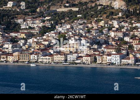 Panoramic view of Samos town, a natural sea harbor, the port town and capital of Samos Island and regional unit known also as Vathy, the old name. Samos town was built in the middle of the 18th century as the port of Vathy and has a population of 8100 residents. In ancient times, Samos was an especially rich and powerful city-state, known for its vineyards and wine production while nowadays the Samian economy relies on agriculture and tourist industry. Samos is the birthplace of the Greek philosopher and mathematician Pythagoras. Samos Island, Greece on September 21, 2021 (Photo by Nicolas Eco Stock Photo