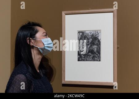 LONDON, UNITED KINGDOM - NOVEMBER 18, 2021: A gallery staff member looks at an engraving titled 'The Knight, Death and the Devil' (1513) by the German Renaissance artist Albrecht Durer (1471 – 1528) during a press view of The Credit Suisse Exhibition Durer's Journeys: Travels of a Renaissance Artist (20 November 2021 – 27 February 2022) at the National Gallery, on November 18, 2021 in London, England. (Photo by WIktor Szymanowicz/NurPhoto) Stock Photo