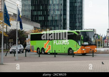 A green bus of FlixBus with the inscription and the brand logo on the side of the vehicle, as seen in the streets of Brussels near the Gare Du Nord, North train - railway station and hub for the buses. Flixbus company is a German brand that offers intercity bus service in Europe and the United States, owned by FlixMobility GmbH. company Brussels, Belgium on November 19, 2021 (Photo by Nicolas Economou/NurPhoto) Stock Photo
