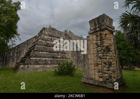 The Osario pyramid with the stone masks of the Southeast corner which was once located at the top of the Ossuary inside the archaeological site of Chichen Itza. On Wednesday, November 17, 2021, in Chichen Itza, Yucatan, Mexico. (Photo by Artur Widak/NurPhoto) Stock Photo