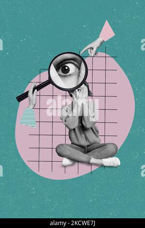 Photo sketch graphics artwork picture of scared afraid lady arms close face hands hold magnifier isolated drawing background Stock Photo